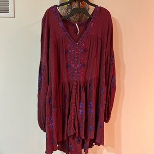 Free People Burgundy Embroidered Boho Tunic